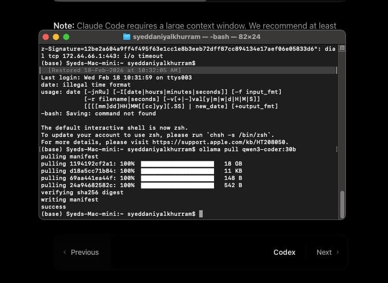 Downloading Qwen3Coder 30B model using the Ollama CLI in Terminal
